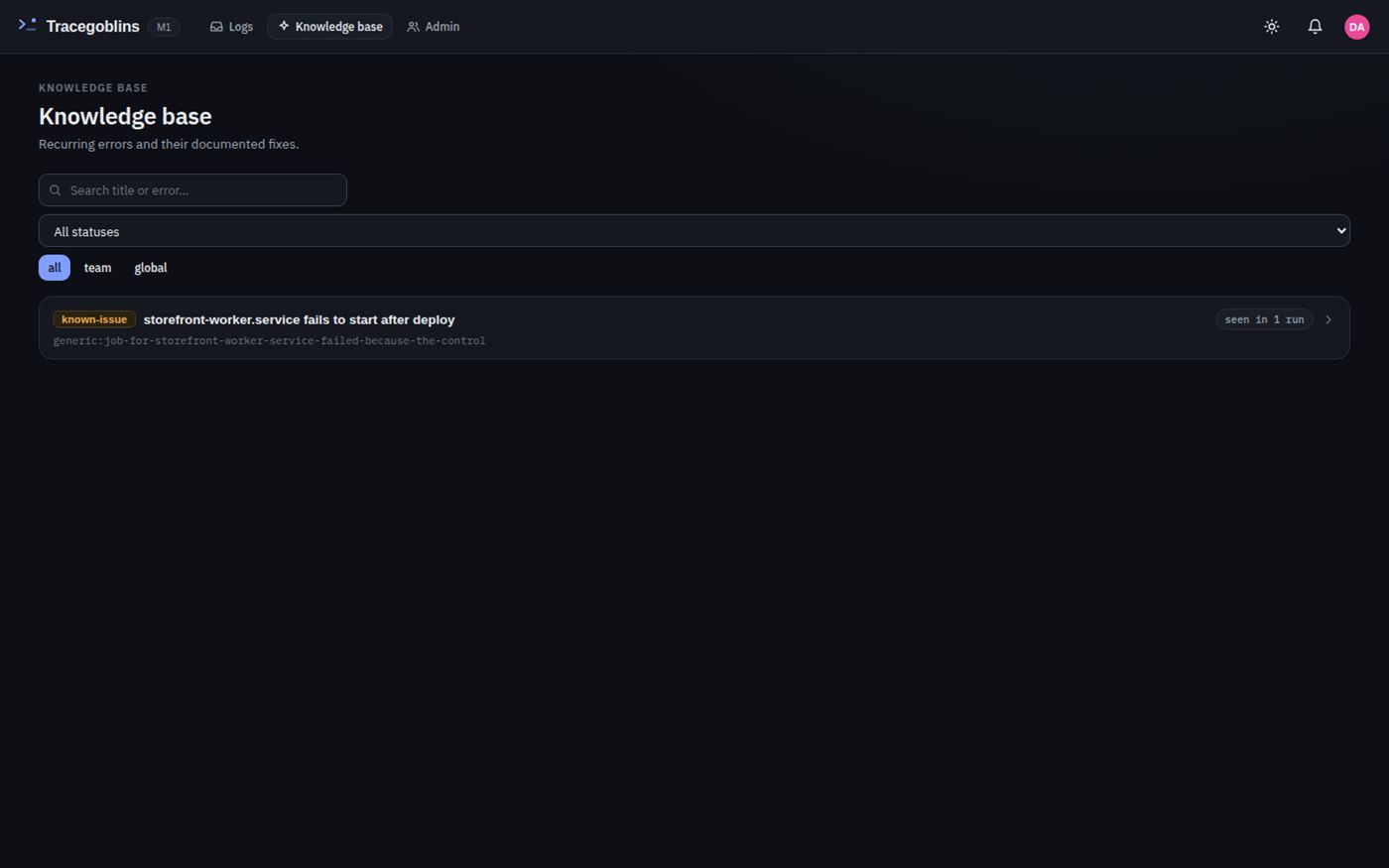 TraceGoblins screenshot: knowledge base